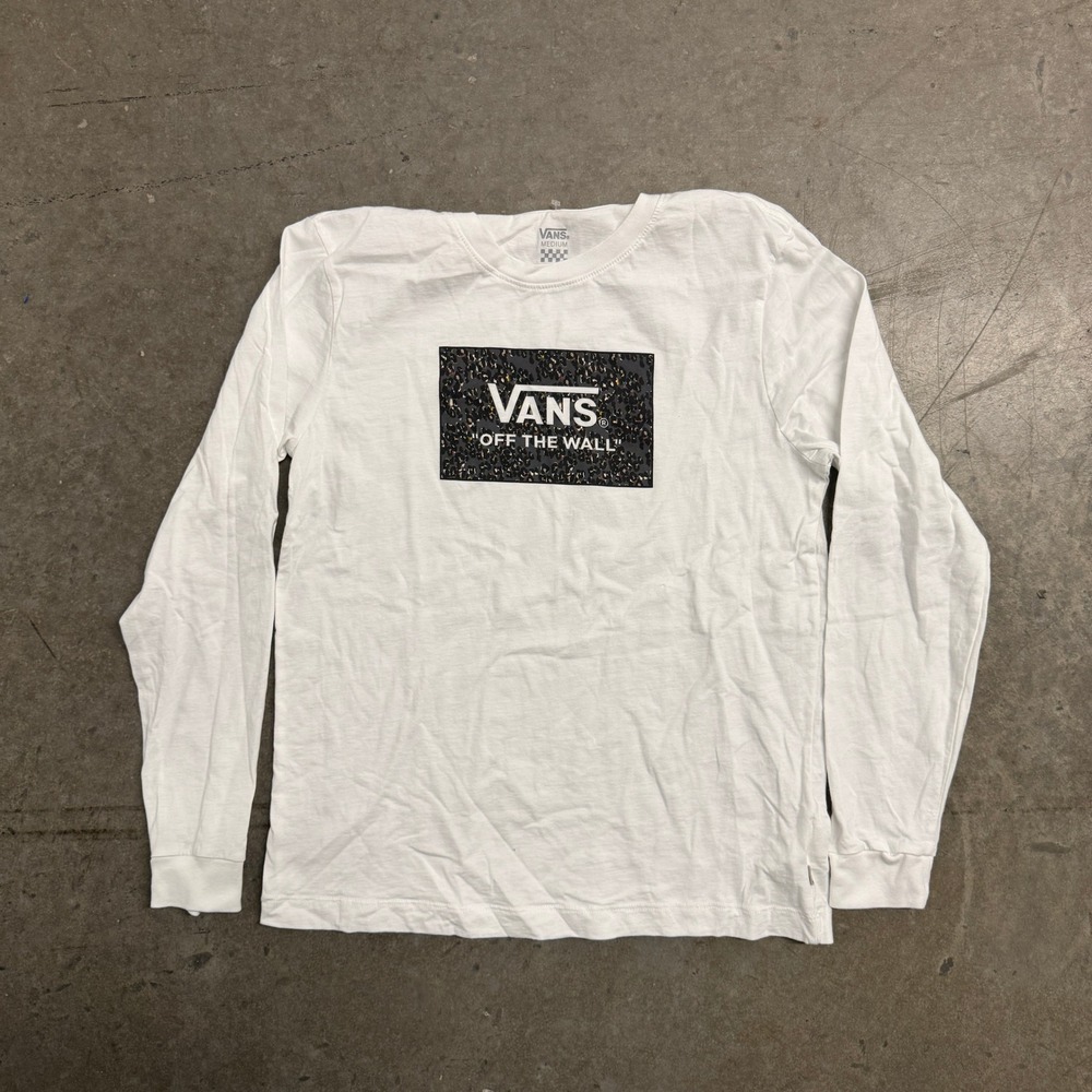Vans Off The Wall Mens White Leopard Print Box Logo Long Sleeve T-Shirt Medium